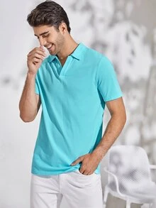 Manfinity Men Neon Blue Collared V-neck Solid Polo Shirt - Mint Blue - View 3