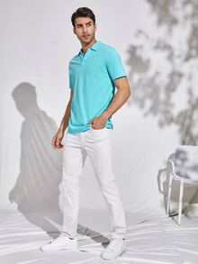 Manfinity Men Neon Blue Collared V-neck Solid Polo Shirt - Mint Blue - View 4