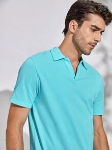 Manfinity Men Neon Blue Collared V-neck Solid Polo Shirt - Mint Blue - View 5