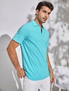 Manfinity Men Neon Blue Collared V-neck Solid Polo Shirt - Mint Blue - View 6