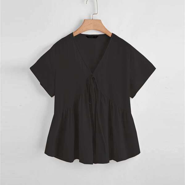 

Plus Tie Front Ruffle Hem Smock Blouse, Black