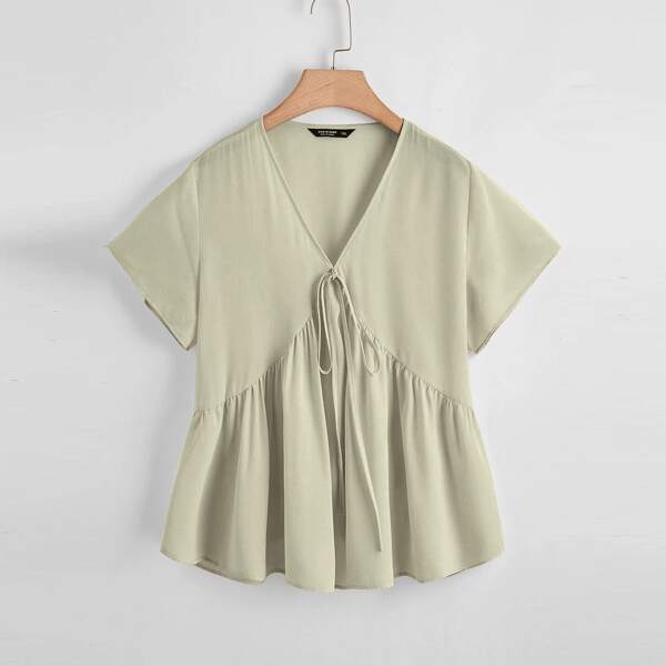 

Plus Tie Front Ruffle Hem Smock Blouse, Green