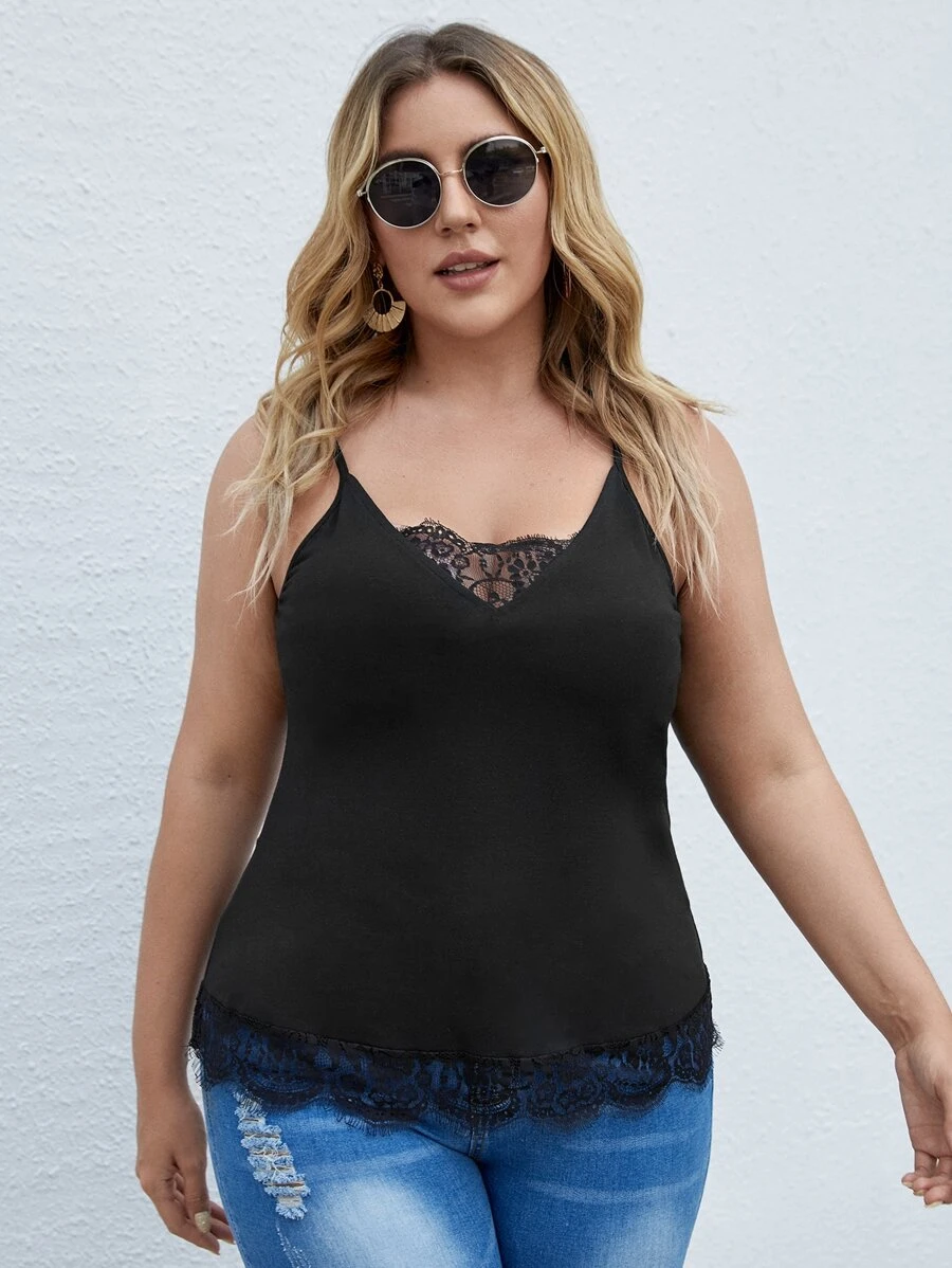 Plus Lace Panel Cami Top - Black - View 1