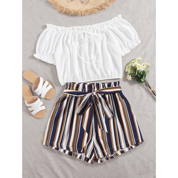 

Plus Bardot Frill Trim Crop Top & Striped Belted Shorts, Multicolor