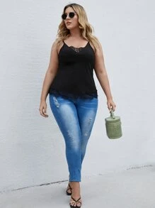 Plus Lace Panel Cami Top - Black - View 3