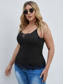 Plus Lace Panel Cami Top - Black - View 4