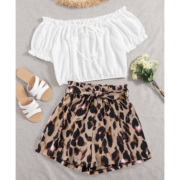 

Plus Bardot Frill Trim Crop Top & Leopard Belted Shorts, Multicolor