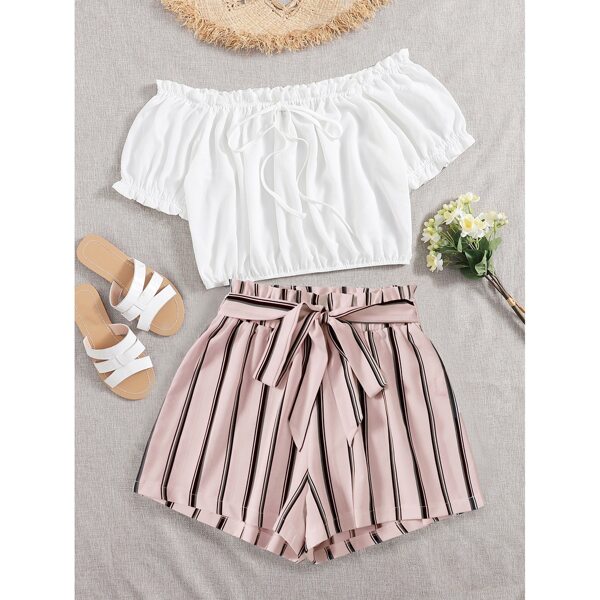

Plus Bardot Frill Trim Crop Top & Striped Belted Shorts, Multicolor