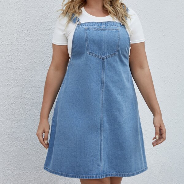 

Plus Solid Overall Denim Dress Without Tee, Medium wash