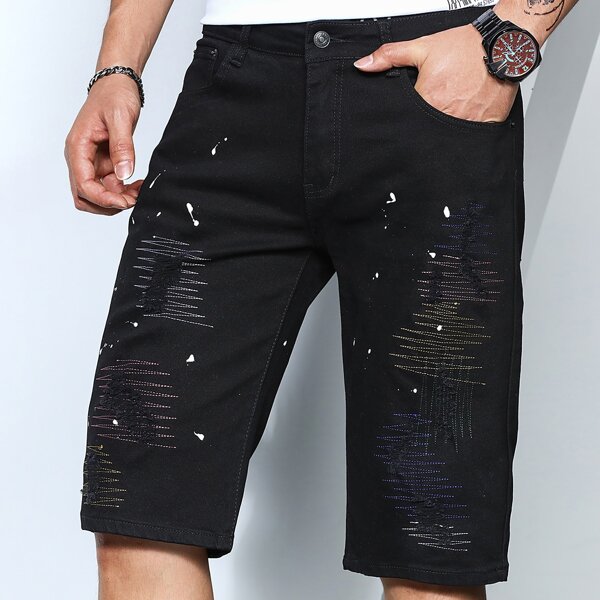 

Men Graphic Print Button Fly Straight Denim Shorts, Black