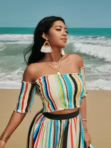 SHEIN Unity Top con fruncido corto con estampado de rayas - Multicolor - Ver 1