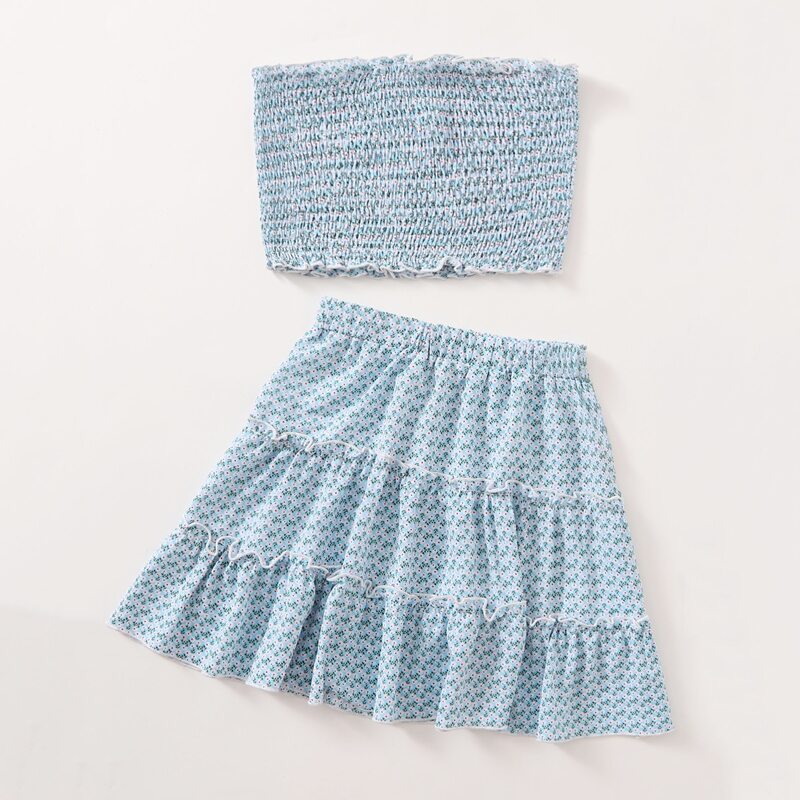 

Ditsy Floral Shirred Crop Tube Top & Frill Skirt, Baby blue