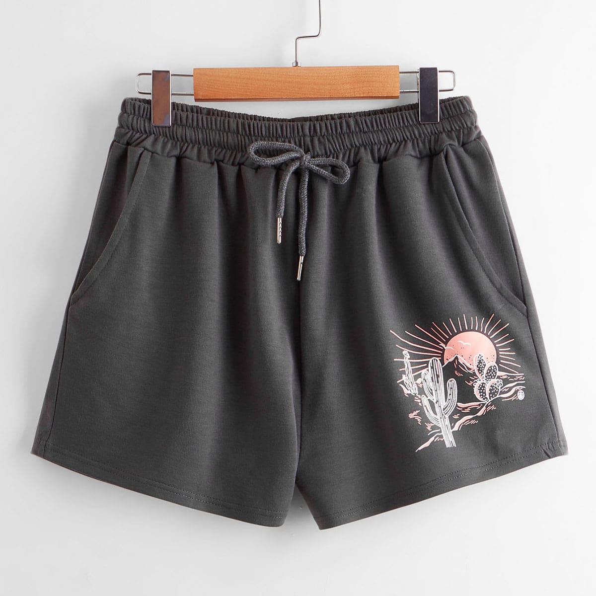 

Cactus Graphic Drawstring Shorts, Dark grey