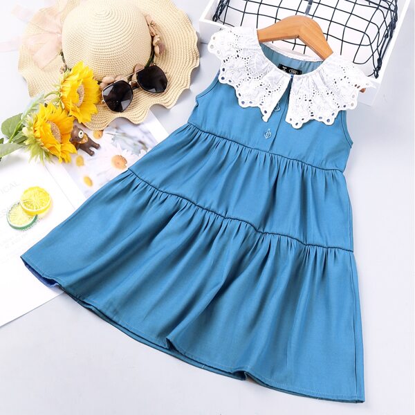 

Toddler Girls Statement Collar Ruffle Hem Denim Dress, Medium wash