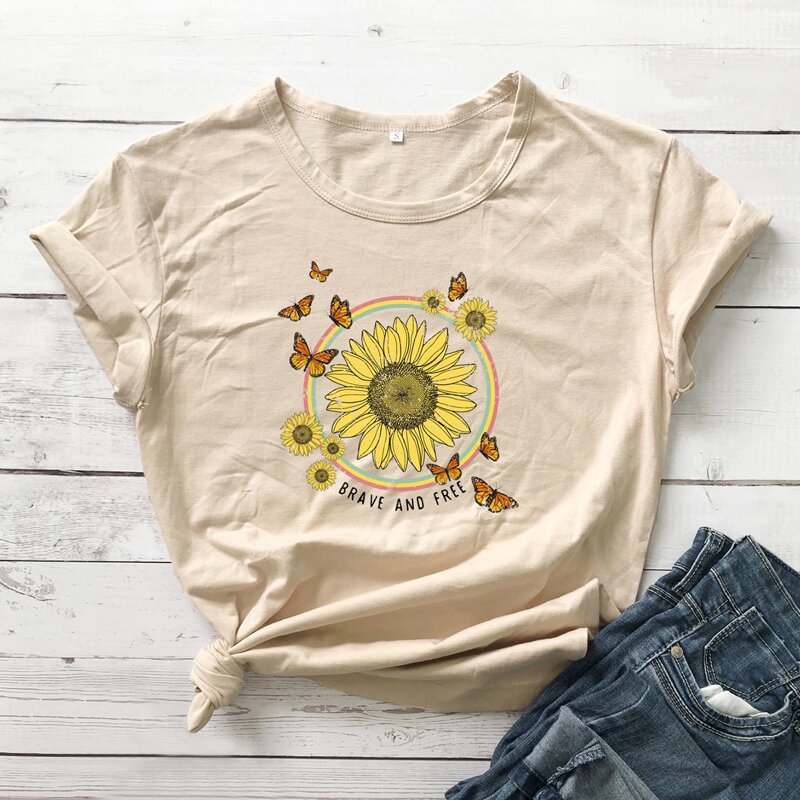 

Letter Sunflower & Butterfly Graphic Tee, Beige
