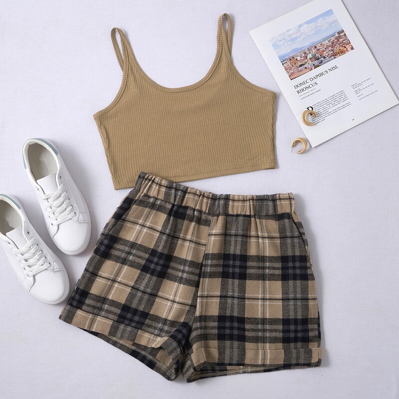 

Solid Ribbed Crop Cami & Plaid Cuffed Shorts, Multicolor