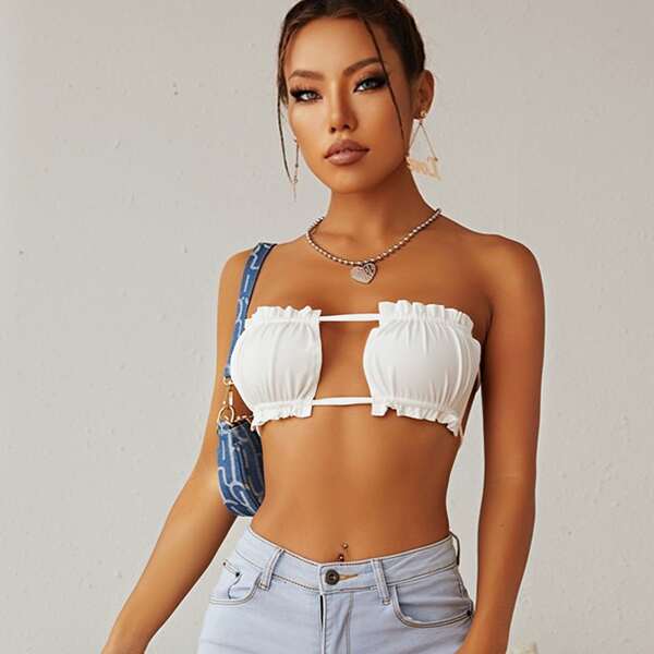 

Frill Trim Cut Out Backless Top, White