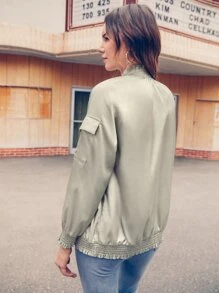 Amiko Zip Up Shirred Trim Flap Pocket Front Jacket - Green - View 2