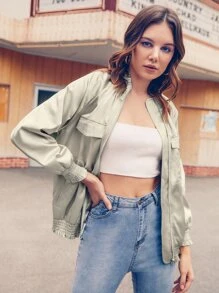 Amiko Zip Up Shirred Trim Flap Pocket Front Jacket - Green - View 5