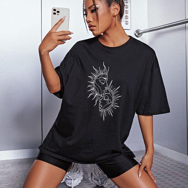 

Drop Shoulder Graphic Print Tee, Black