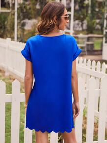SHEIN LUNE 1pc Solid Scallop Trim Dress - Blue - View 3