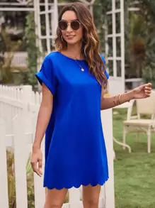 SHEIN LUNE 1pc Solid Scallop Trim Dress - Blue - View 1