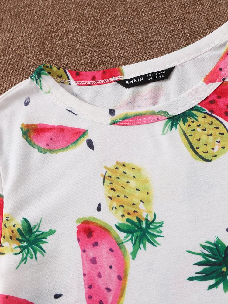 SHEIN EZwear Playera Estampada De Frutas Por Todas Partes - Multicolor - Añade 5