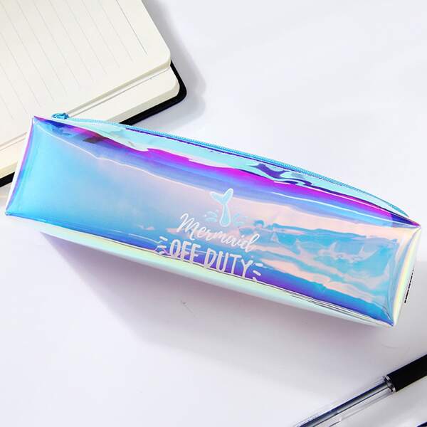 

1pc Slogan Graphic Pencil Bag, Baby blue