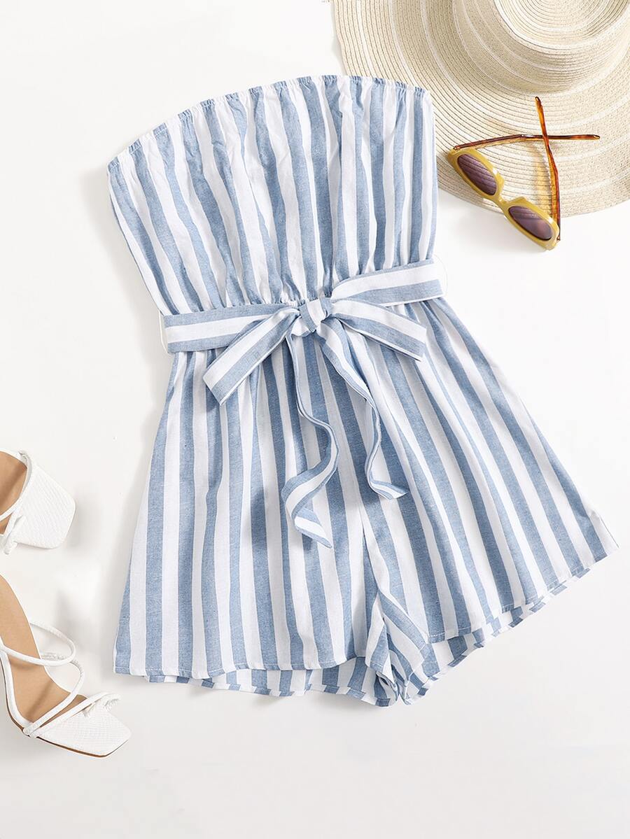 SHEIN Self Belted Striped Tube Romper