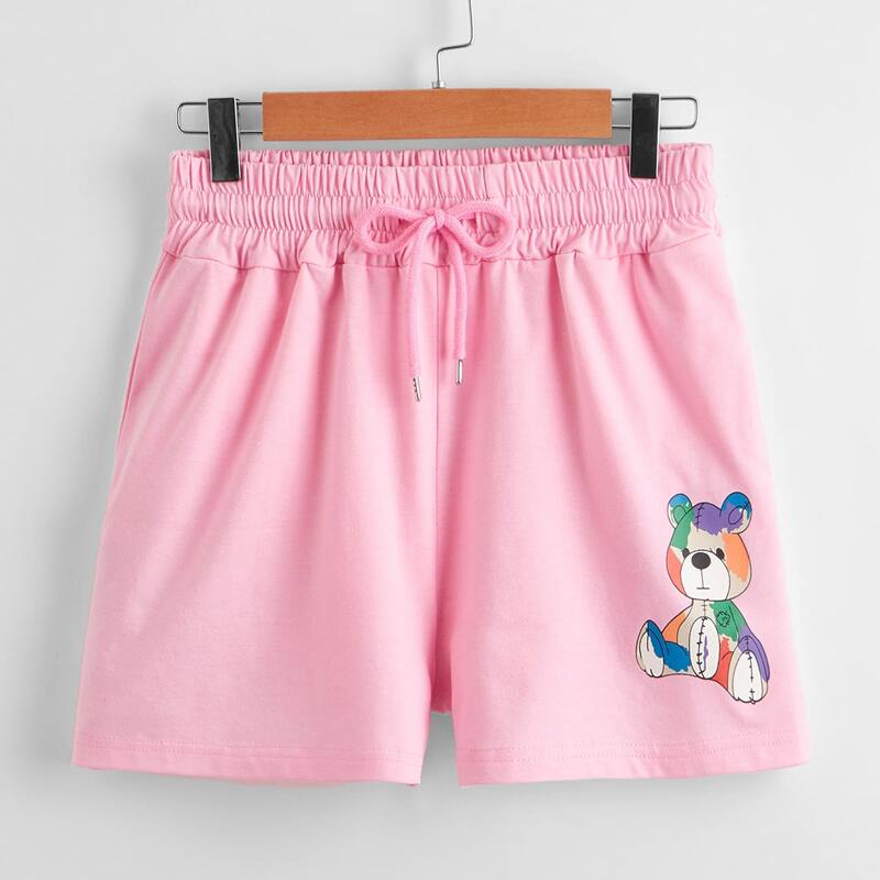 

Cartoon Bear Graphic Drawstring Shorts, Baby pink