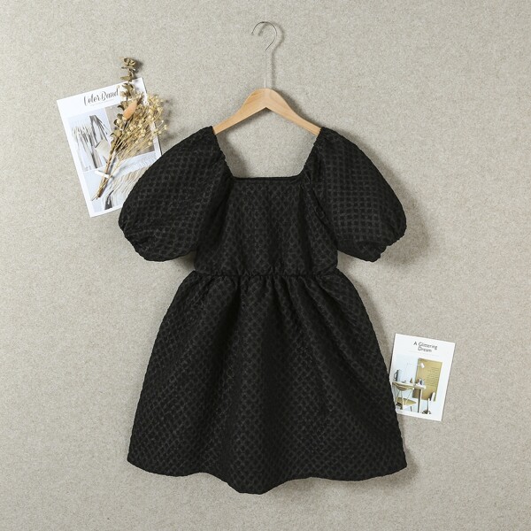 

Girls Square Neck Puff Sleeve A-line Dress, Black