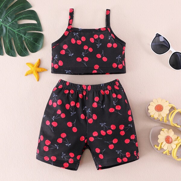 

Baby Girl Cherry Print Cami Top With Shorts, Multicolor