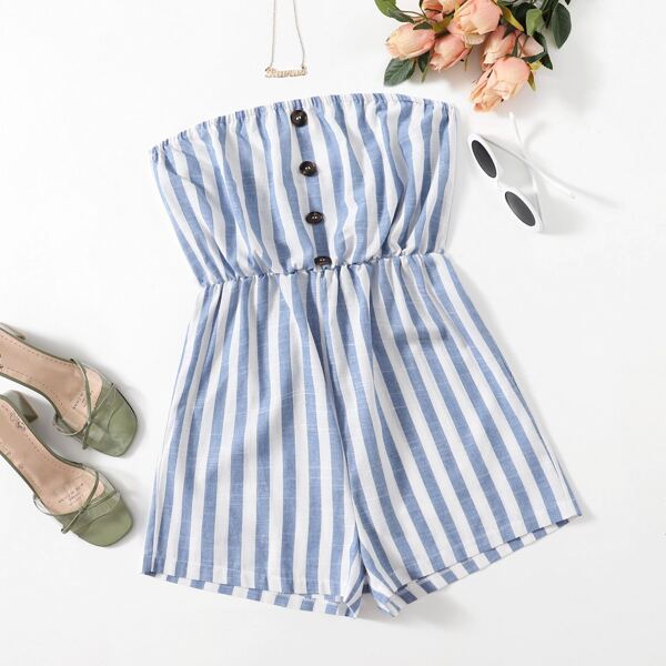 

Striped Button Front Tube Romper, Blue and white