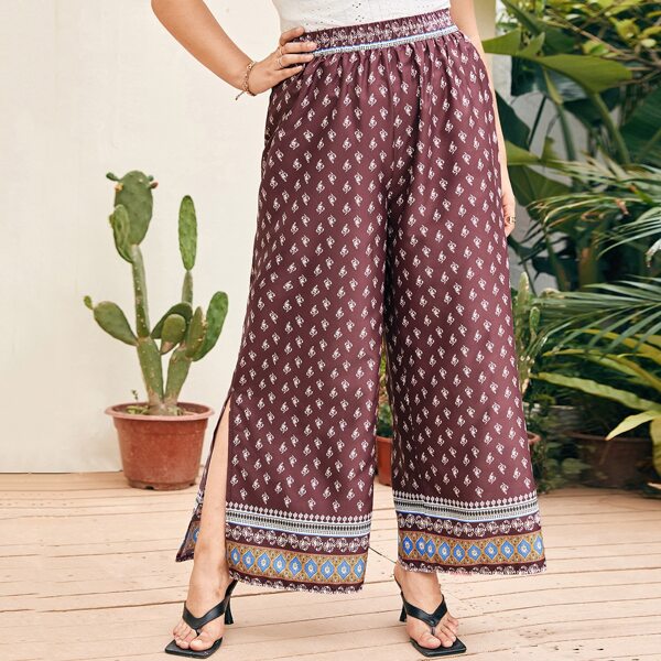 

Plus All Over Print Split Wide Leg Pants, Maroon