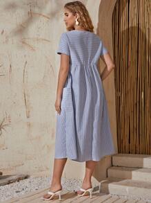 SHEIN 孕婦裝貼布口袋條紋連衣裙 - 藍白色 - 查看 2