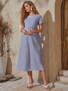 SHEIN 孕婦裝貼布口袋條紋連衣裙 - 藍白色 - 查看 3