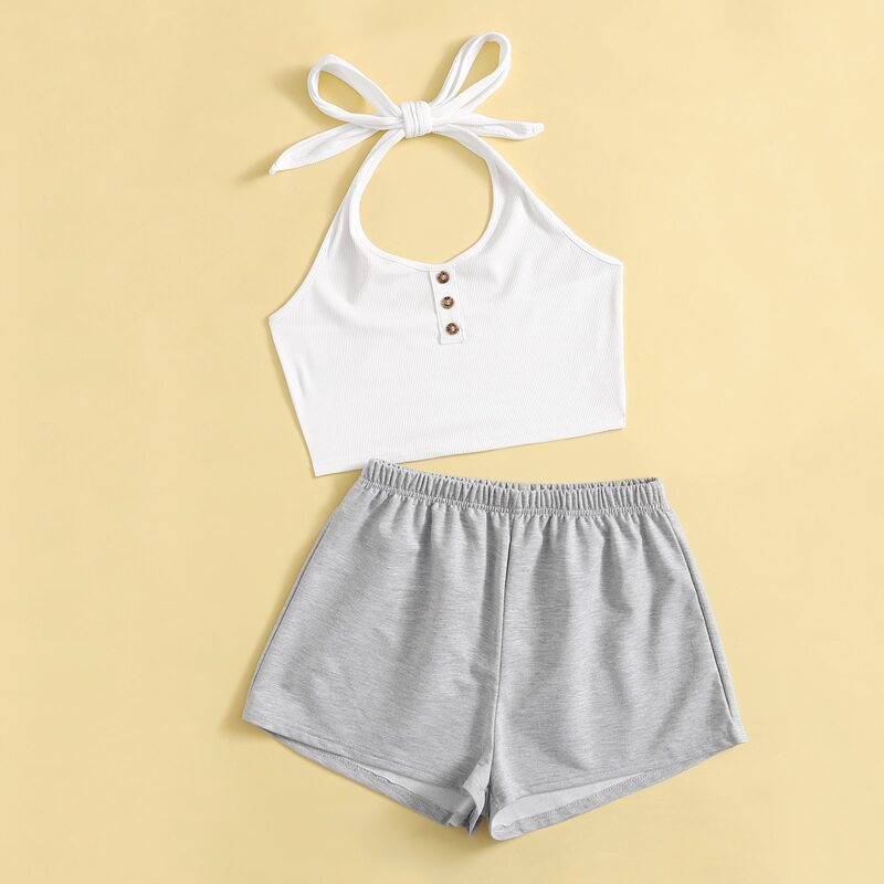 

Solid Button Ribbed Halter Top & Shorts, Multicolor