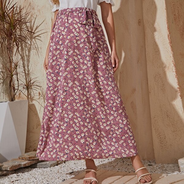 

Maternity Self Belted Floral Skirt, Dusty pink