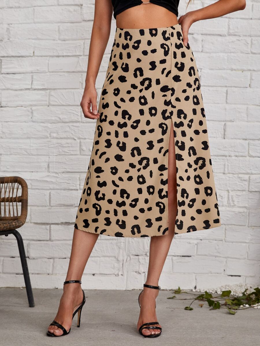 SHEIN Privé Leopard Split Thigh Skirt - Multicolor - View 1