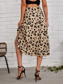 SHEIN Privé Leopard Split Thigh Skirt - Multicolor - View 2