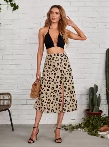 SHEIN Privé Leopard Split Thigh Skirt - Multicolor - View 5