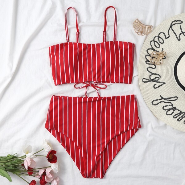 

Striped High Waist Bikini Swimsuit, Red