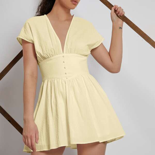 

Batwing Sleeve Button Front Dress, Yellow