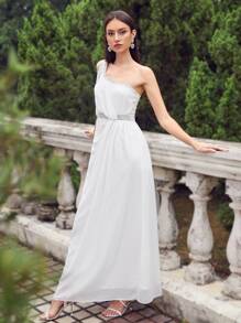 SHEIN Belle One Shoulder Glitter Waist Rhinestone Detail Dress - White - View 4