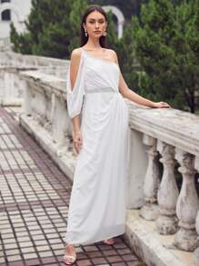 SHEIN Belle One Shoulder Glitter Waist Rhinestone Detail Dress - White - View 5