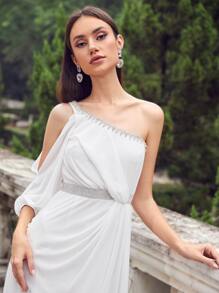 SHEIN Belle One Shoulder Glitter Waist Rhinestone Detail Dress - White - View 6