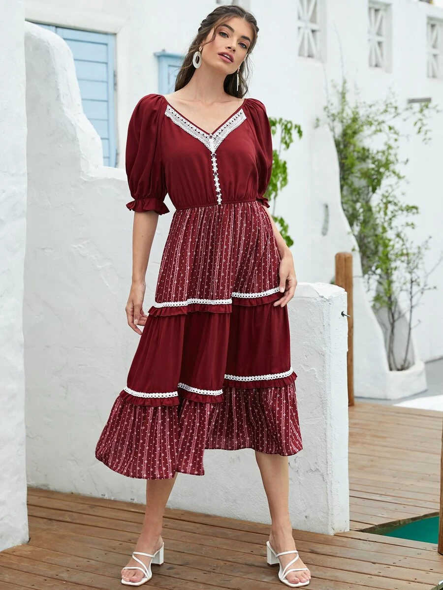 Mulvari 荷葉邊袖拼接蕾絲細節多層下擺連衣裙 - 酒紅色 - 查看 1