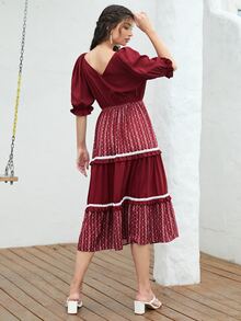 Mulvari 荷葉邊袖拼接蕾絲細節多層下擺連衣裙 - 酒紅色 - 查看 2