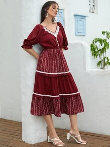 Mulvari 荷葉邊袖拼接蕾絲細節多層下擺連衣裙 - 酒紅色 - 查看 4