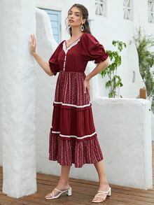 Mulvari 荷葉邊袖拼接蕾絲細節多層下擺連衣裙 - 酒紅色 - 查看 5